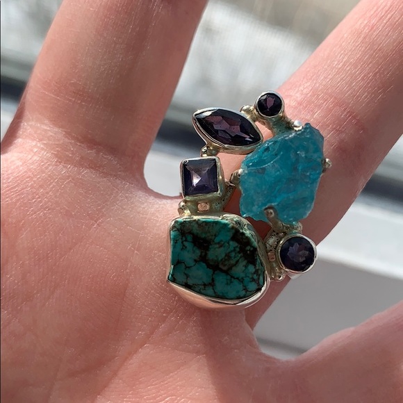 SOLD Turquoise iolite & apatite cluster ring - Picture 3 of 6